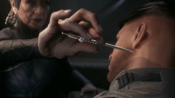 Dune: Awakening screenshot showing woman holding a needle-like device over a man’s neck