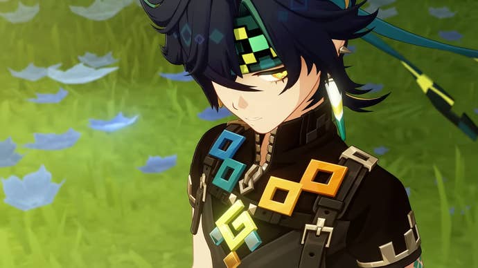 Close up of anime character Kinich from Genshin Impact, with dark outfit with polygon embellishments