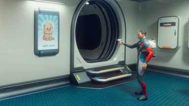 Character in Subnautica 2 uses a gun like item to put a poster on the wall of their underwater base. The poster shows a cat with the message Keep Calm written underneath