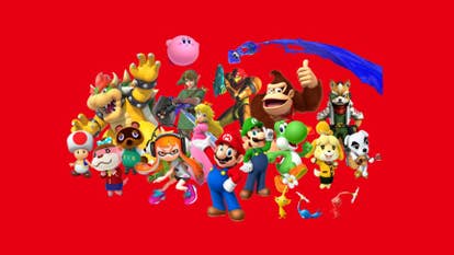 Characters from Nintendo including Mario Peach Link and Donkey Kong stand against a red background