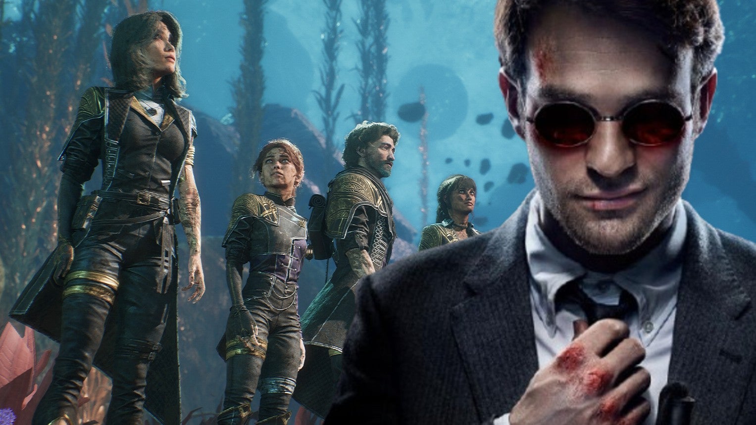 Charlie Cox as Matt Murdoch overlaid across an image from Clair Obscur Expedition 33