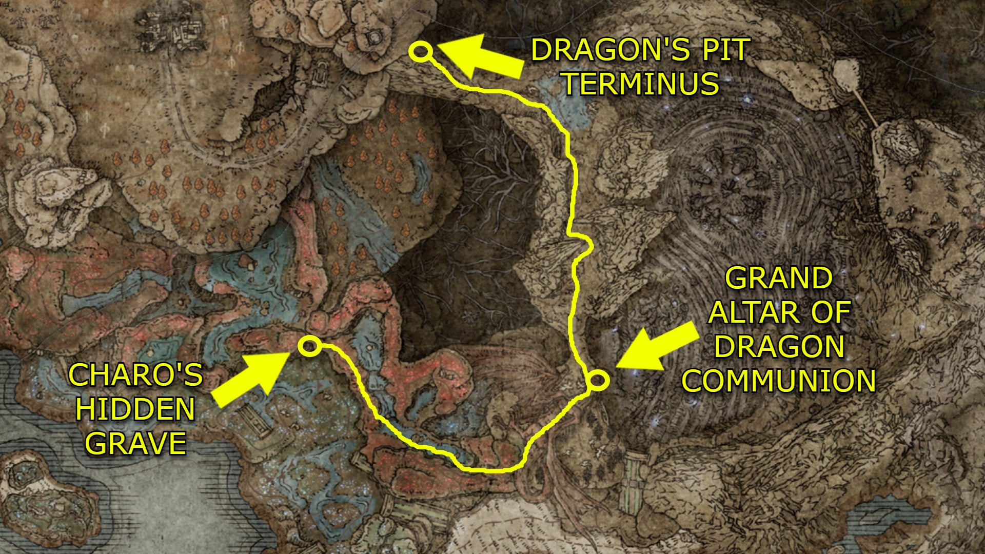 A map showing a yellow route outlining various key points the player must traverse to get to Charo&rsquo;s Hidden Grave in Elden Ring: Shadow of the Erdtree.