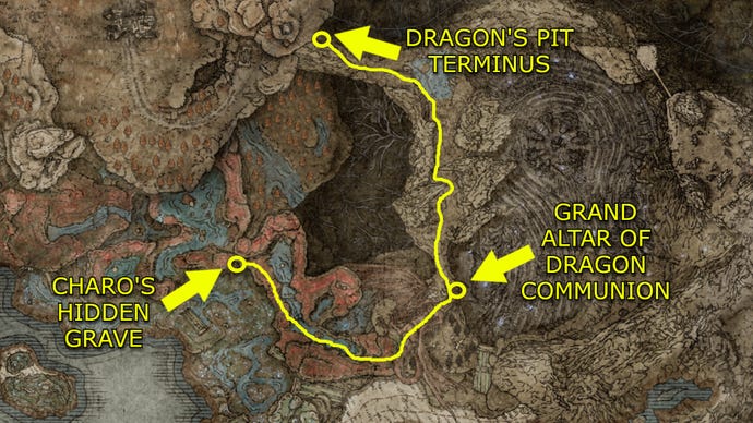 A map showing a yellow route outlining various key points the player must traverse to get to Charo's Hidden Grave in Elden Ring: Shadow of the Erdtree.