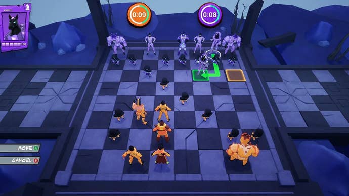 A chess board in Checkmate Showdown, showing orange and purple pieces.