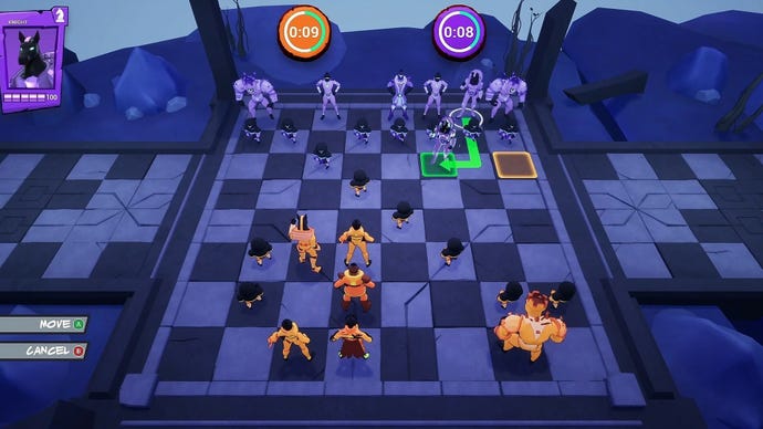 A chess board in Checkmate Showdown, showing orange and purple pieces.