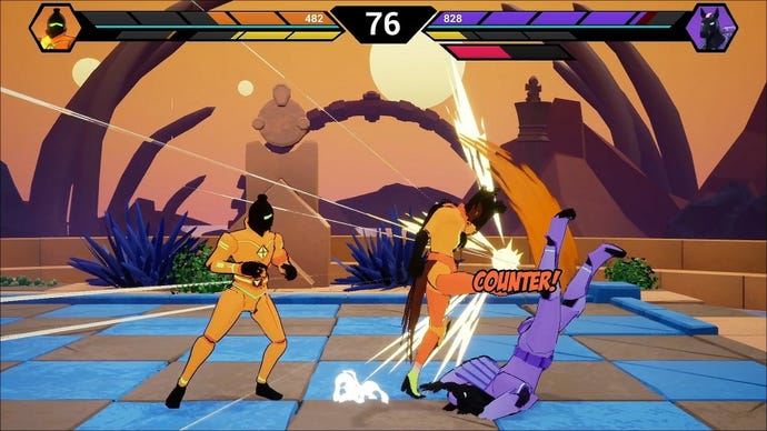 A player uses a tag-assist move in Checkmate Showdown, causing the orange Queen to kick a purple Knight while the orange Bishop stands back.