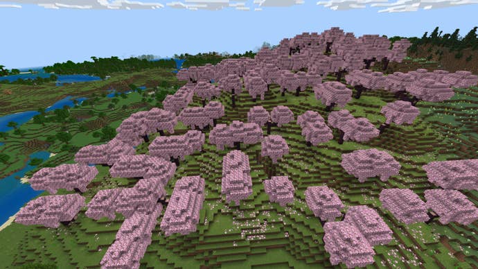 Screenshot of the ‘Cherry Blossoms Galore’ Minecraft Seed showing a field full of cherry blossom trees.