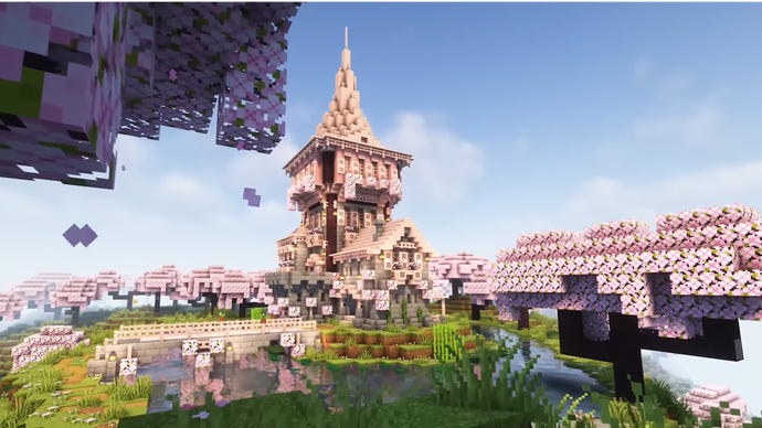 A cherry grove castle, built in Minecraft by YouTuber 
Stevler.