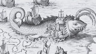 An old illustration of a sea monster with people standing on its back