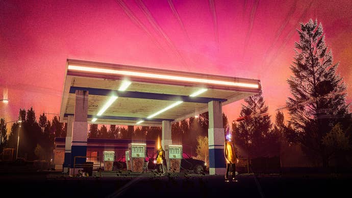Several guards stand around a petrol station in Children Of The Sun