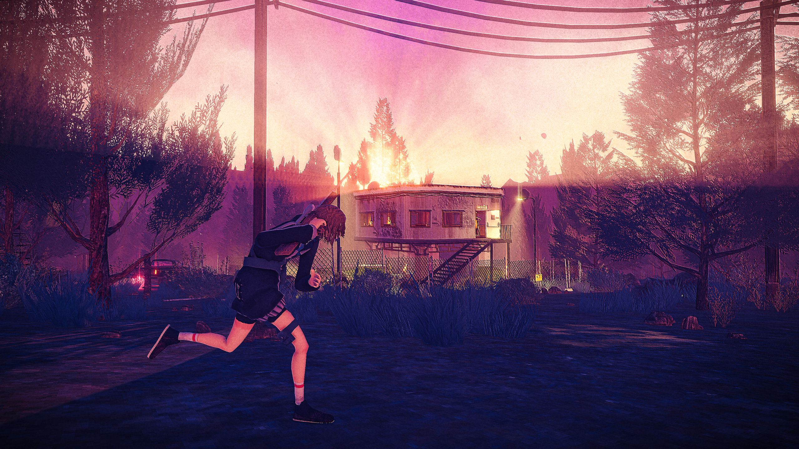 Children of the Sun screenshot showing The Girl running while a motel sits in flames behind.