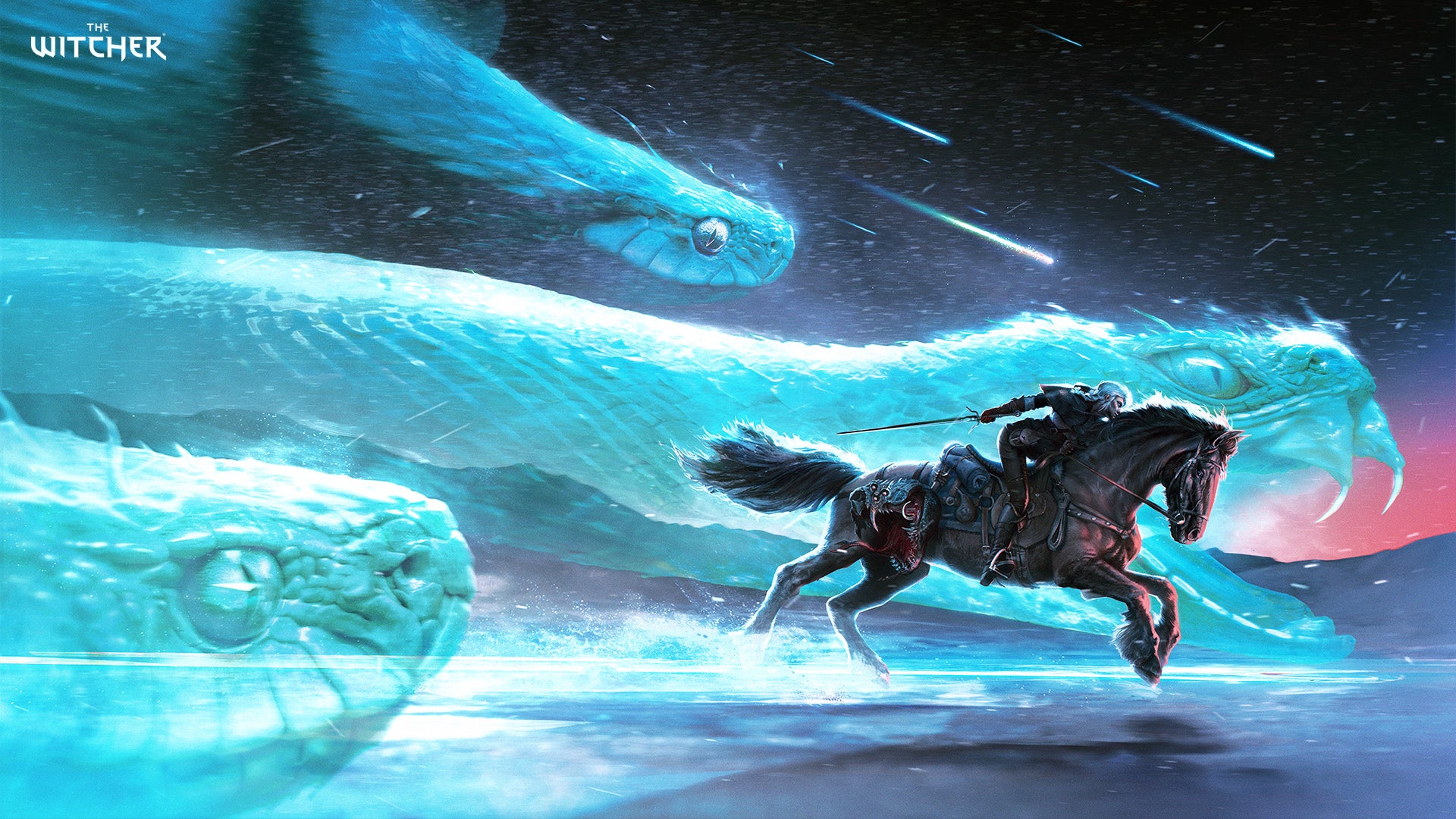 Artwork showing a leather-clad warrior lady hunched down on a horse, outrunning - or running with - huge glowing blue spectral serpents beside her. It's Ciri from The Witcher series of games.