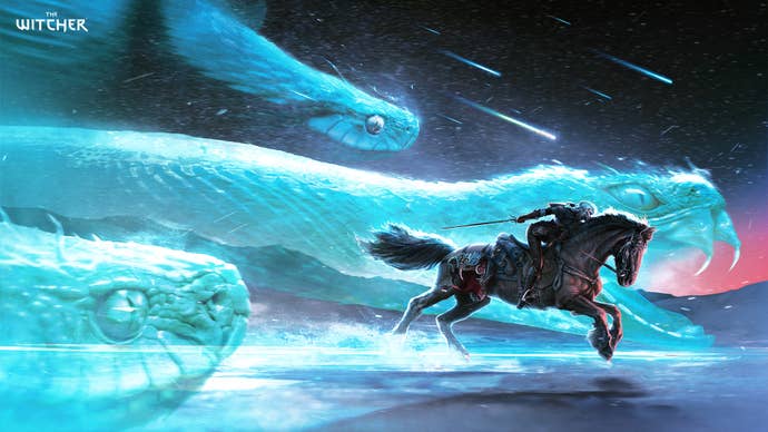 Artwork showing a leather-clad warrior lady hunched down on a horse, outrunning - or running with - huge glowing blue spectral serpents beside her. It's Ciri from The Witcher series of games.