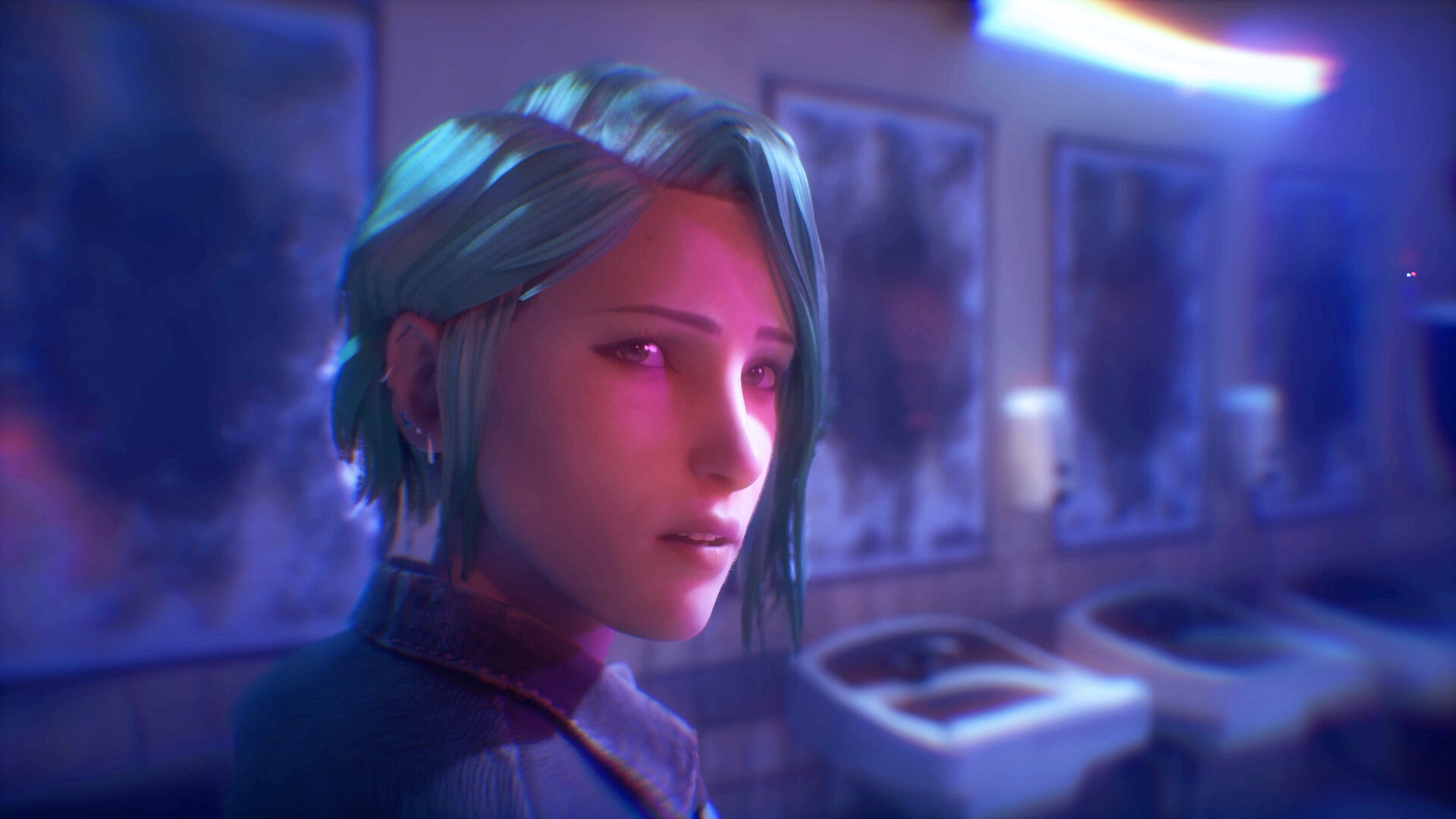 Chloe is haunted by memories in a bathroom in Life is Strange Reunion