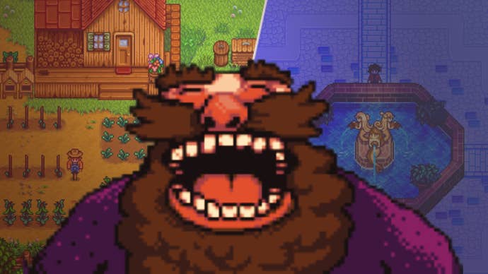 A pixel art man with his very large mouth open wide, pixel art from Stardew Valley and Haunted Chocolatier in the background.