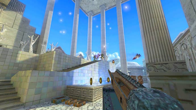 A screenshot from David Szymanski's time-travelling micro-FPS Chop Goblins, releasing on January 2nd, 2023