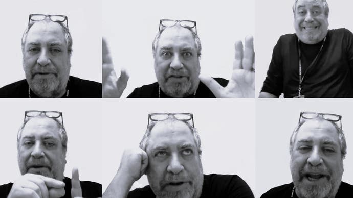 A black and white photo collage of Chris Mandra, a 57-year-old man with his specs resting on his head. He strikes various poses as if engaged in an animated conversation.