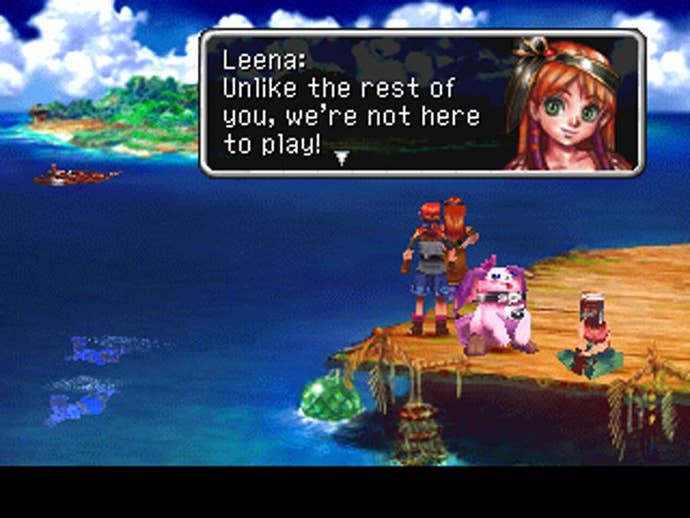 Leena speaks to the player while standing on a pier in Chrono Cross