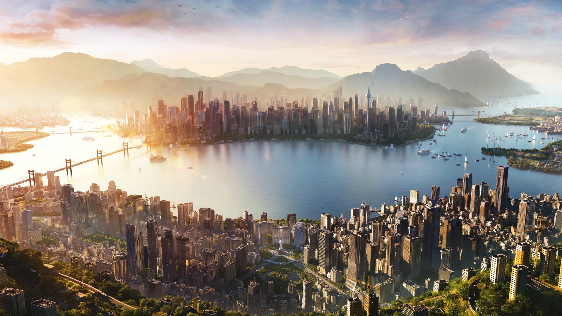 Key art featuring a gorgeous city scape built around a huge river in City Skylines 2 - 1