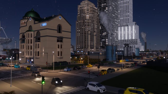 A street-level view of a city at night in Cities: Skylines 2.