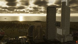 The sun rises on a pair of skyscrapers in Cities: Skylines 2.