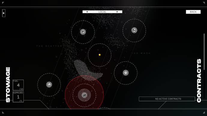 Locations you can travel and available contracts can be seen on the map, but you’ll need enough fuel and supplies to make the journey.