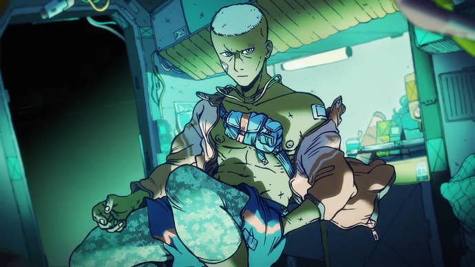 Citizen Sleeper 2 trailer screenshot showing android character with shaved head floating in zero-G space station