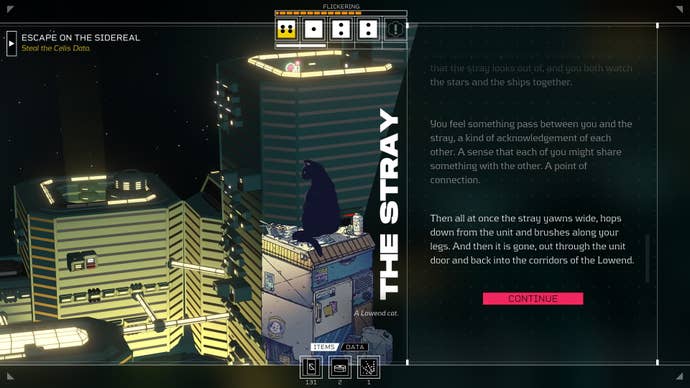 The player contemplates a stray cat inside their apartment in Citizen Sleeper