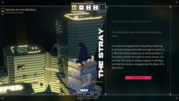 A black cat sits on top of a fridge unit with city apartments in the background in Citizen Sleeper