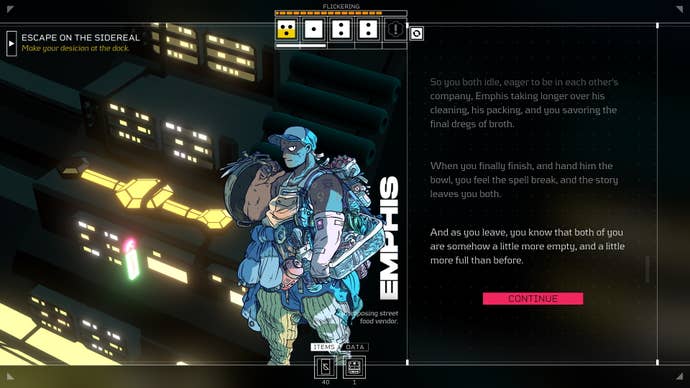 The player converses with mushroom vendor Emphis in Citizen Sleeper