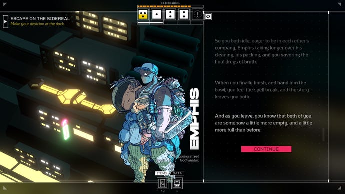 The player converses with mushroom vendor Emphis in Citizen Sleeper