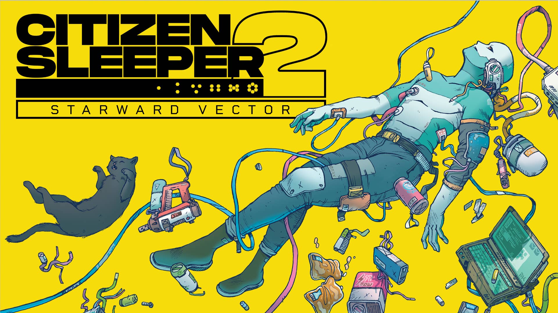 Citizen Sleeper 2 key art showing an android and a cat floating among debris