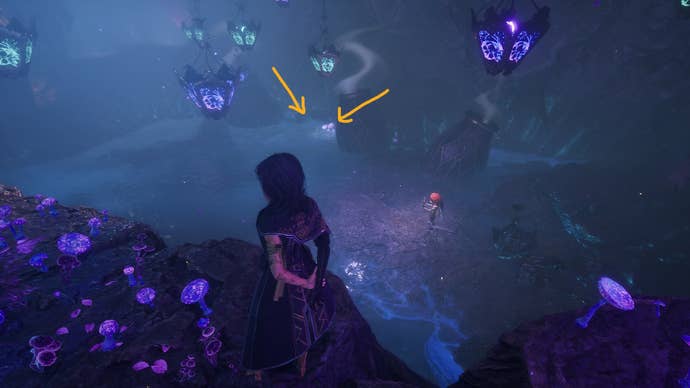 Lune stands on a bridge in Esquie’s Nest, facing towards a Mime and key item, which is labelled with yellow arrows in Clair Obscur: Expedition 33