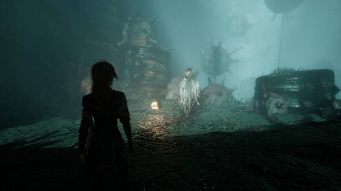 Maelle looks at a non-hostile, white Demineur in Flying Waters in Clair Obscur: Expedition 33