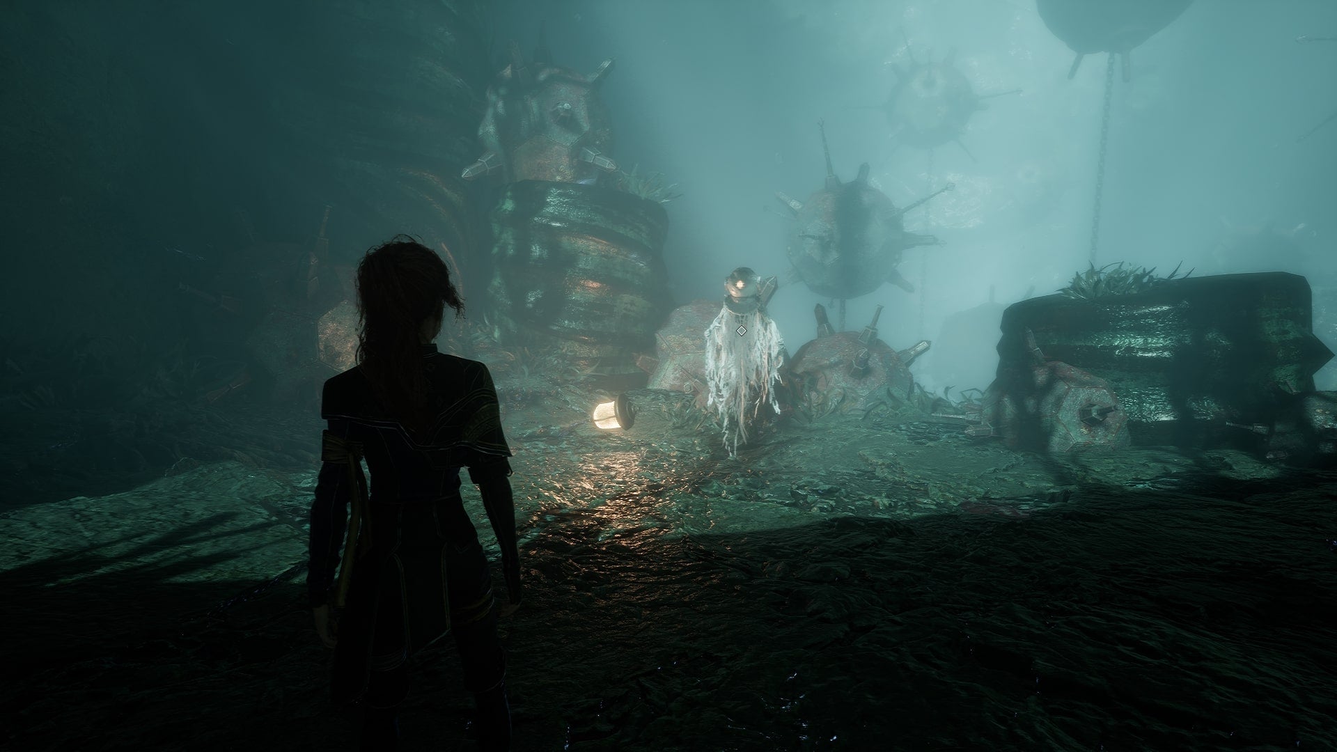 Maelle looks at a non-hostile, white Demineur in Flying Waters in Clair Obscur: Expedition 33 - 1