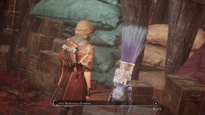 Gustave offers the Mushroom item to Karatom in Clair Obscur: Expedition 33’s Gestrel Village