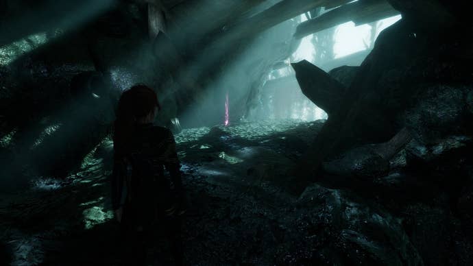 Maelle looks towards a glowing pink item - an Intact Mine - in Flying Waters in Clair Obscur: Expedition 33