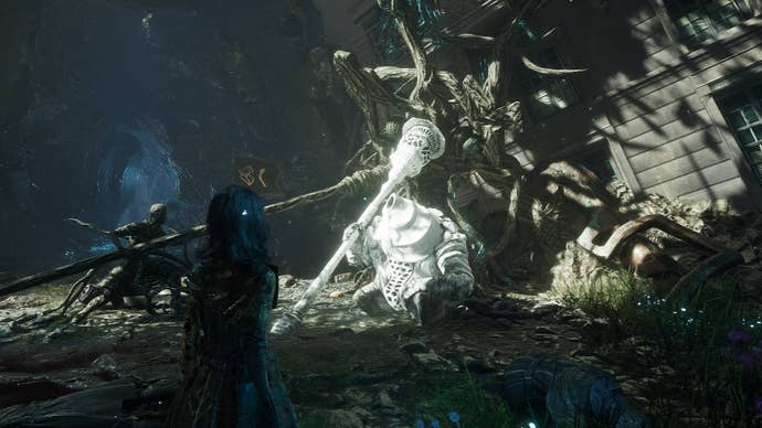 Lune looks at Jar, a non-hostile Nevron, in Clair Obscur: Expedition 33