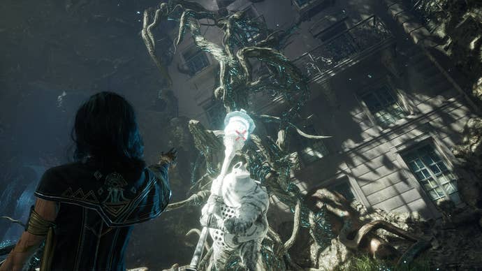 Lune free-aims at Jar’s lantern, which is atop their staff, in Clair Obscur: Expedition 33