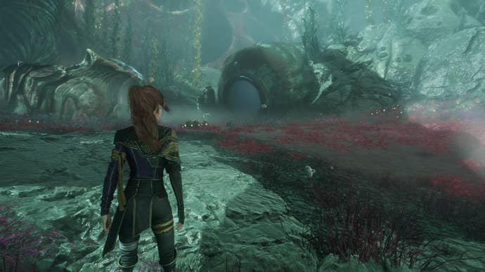 Maelle, in Flying Waters, looks towards a knocked over jar that acts as a tunnel in Clair Obscur: Expedition 33