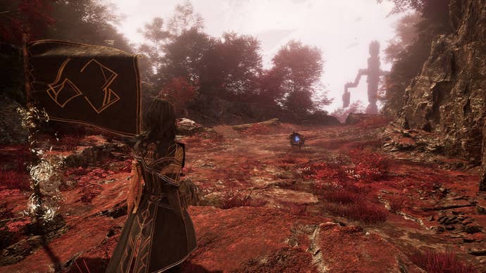 Lune stands beside Expedition Flag 63 in Ancient Sanctuary, with a Petank in front of her, in Clair Obscur: Expedition 33