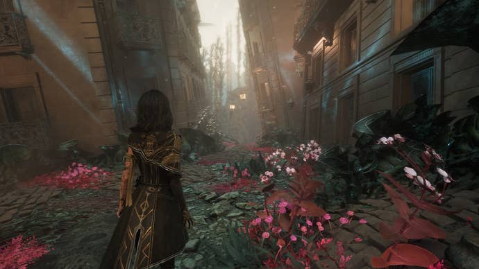 Lune looks towards a small alleyway in Flying Waters in Clair Obscur: Expedition 33