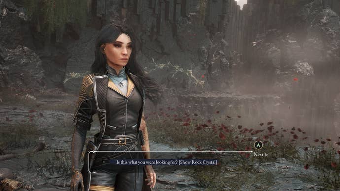 Lune can be seen contemplating showing the Rock Crystal to the friendly Hexga in Clair Obscur: Expedition 33