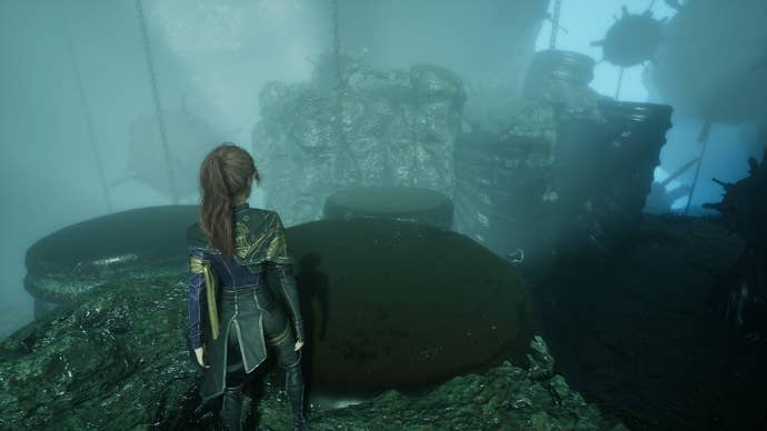 Maelle looks towards some stone pillars that can be platformed across in Flying Watersin Clair Obscur: Expedition 33