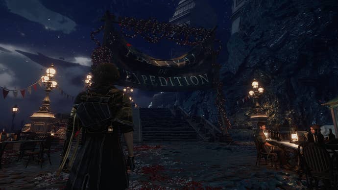 Gustave is at the Expedition Festival, looking at a large banner for it, in Clair Obscur: Expedition 33