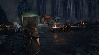 Gustave looks over at the three vendors and other NPC's at the Expedition Festival in Clair Obscur: Expedition 33
