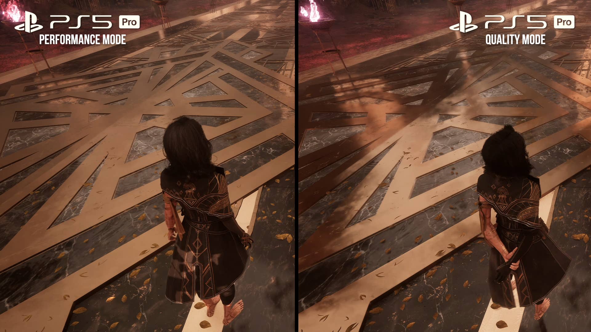 clair obscur screenshot: comparison between quality and performance mode, reflections