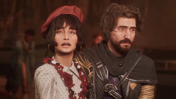 Clair Obscur: Expedition 33 screenshot showing close up of woman with short dark hair in a red beret and a bearded man looking frightened