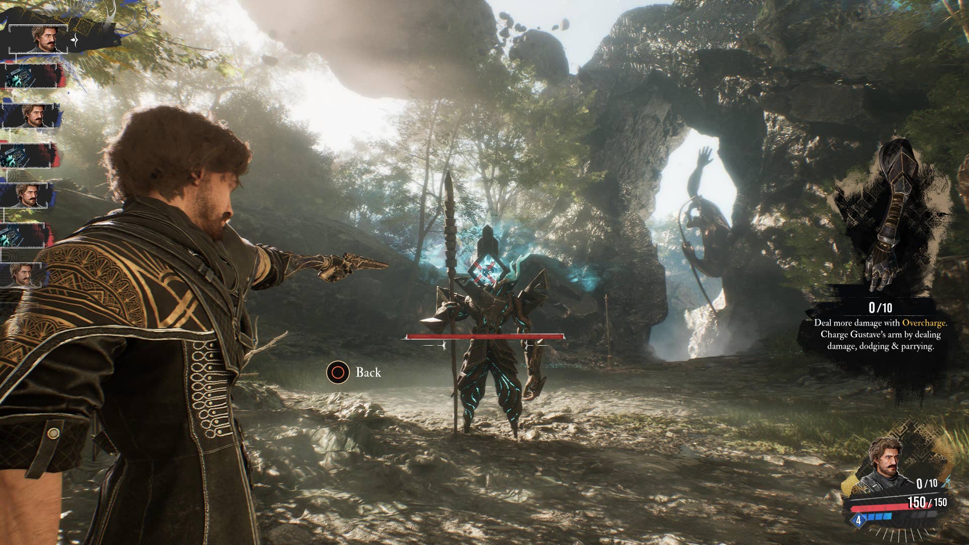 Clair Obscur: Expedition 33 screenshot showing combat, with male character aiming a gun at a guardian with blue weak point