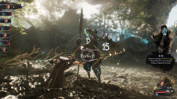 Clair Obscur: Expedition 33 screenshot showing character slicing a sword against an enemy with Perfect on the screen